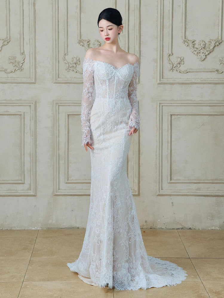 Unique Long Lace Sleeve Breathable Backless Evening Dress Stylish Off-Shoulder Mermaid Prom Dress AP0768