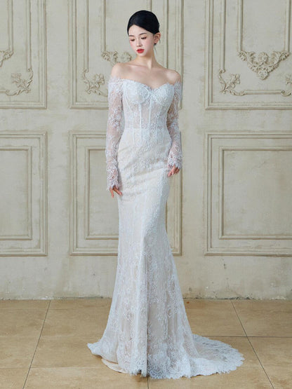 Unique Long Lace Sleeve Breathable Backless Evening Dress Stylish Off-Shoulder Mermaid Prom Dress AP0768