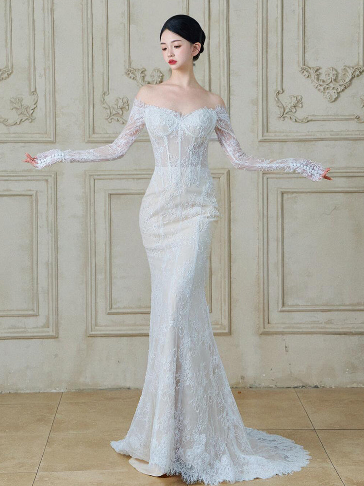 Unique Long Lace Sleeve Breathable Backless Evening Dress Stylish Off-Shoulder Mermaid Prom Dress AP0768