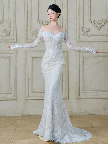 Unique Long Lace Sleeve Breathable Backless Evening Dress Stylish Off-Shoulder Mermaid Prom Dress AP0768