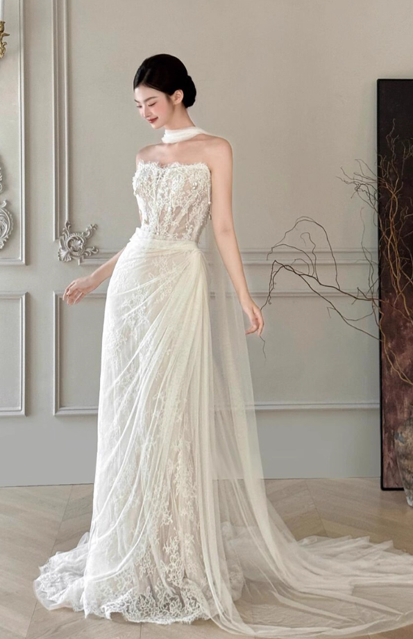 Retro-Inspired Textured Floral Mesh Maxi Dress Simple Tassel Beading Wedding Dress AP0769