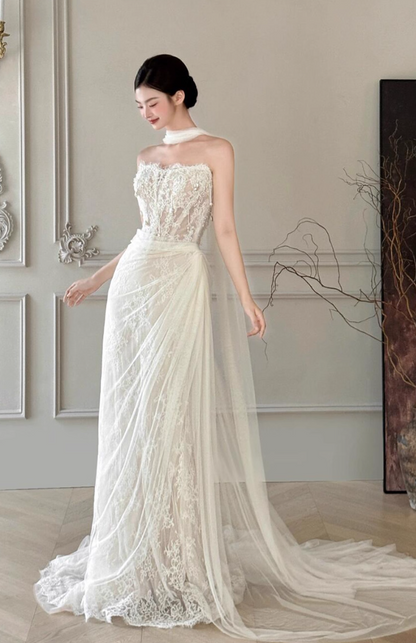 Retro-Inspired Textured Floral Mesh Maxi Dress Simple Tassel Beading Wedding Dress AP0769