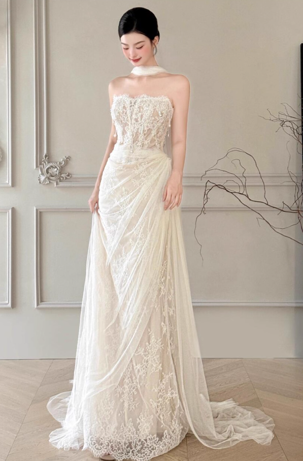 Retro-Inspired Textured Floral Mesh Maxi Dress Simple Tassel Beading Wedding Dress AP0769