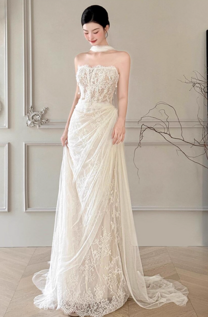 Retro-Inspired Textured Floral Mesh Maxi Dress Simple Tassel Beading Wedding Dress AP0769