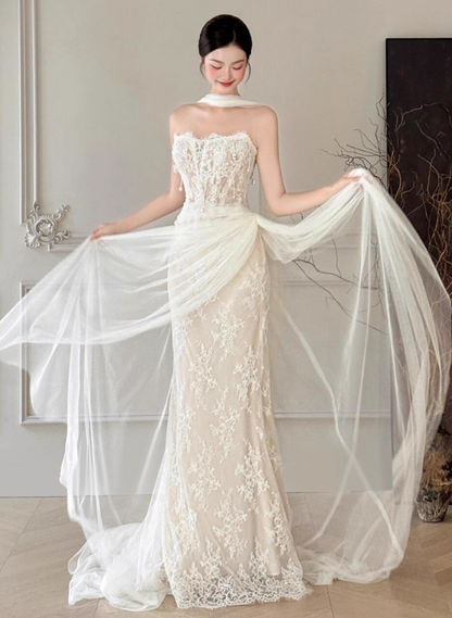 Retro-Inspired Textured Floral Mesh Maxi Dress Simple Tassel Beading Wedding Dress AP0769