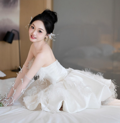 Cute Satin Fabric Lustrous Feast Birthday Dress Backless Feather Strapless A-Line Homecoming Dress AP0770