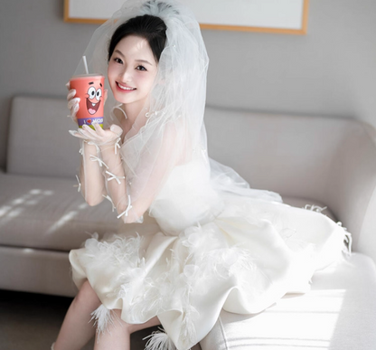 Cute Satin Fabric Lustrous Feast Birthday Dress Backless Feather Strapless A-Line Homecoming Dress AP0770