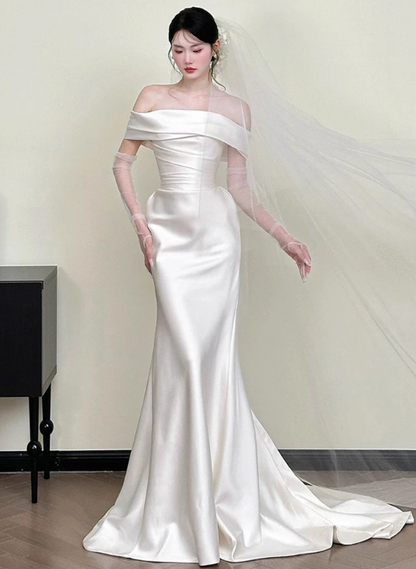 Classical Off-Shoulder Satin Fabric Feast Mermaid Dress Strapless Cinched-Waist Prom Dress AP0771