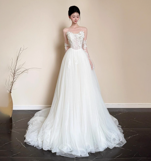 Classical Lace Applique Satin Fabric Maxi Dress Vintage Tulle Layered Strapless Wedding Dress AP0772