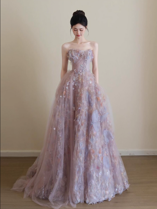 Vogue Strapless Sequins Sparkling Maxi Dress Tulle Layered Ruffles Applique Prom Dress AP0774