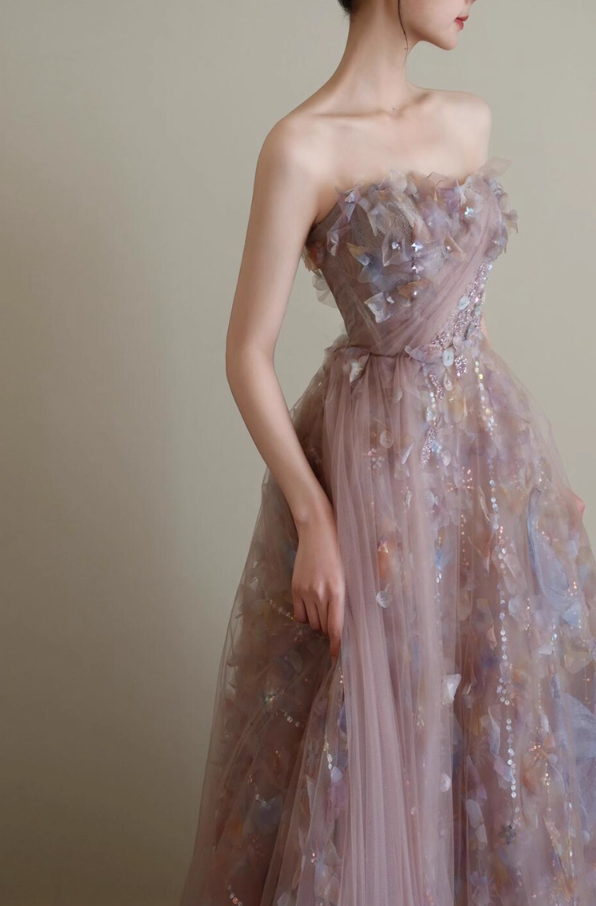 Vogue Strapless Sequins Sparkling Maxi Dress Tulle Layered Ruffles Applique Prom Dress AP0774