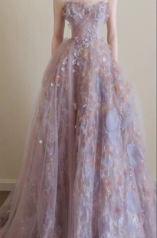 Vogue Strapless Sequins Sparkling Maxi Dress Tulle Layered Ruffles Applique Prom Dress AP0774