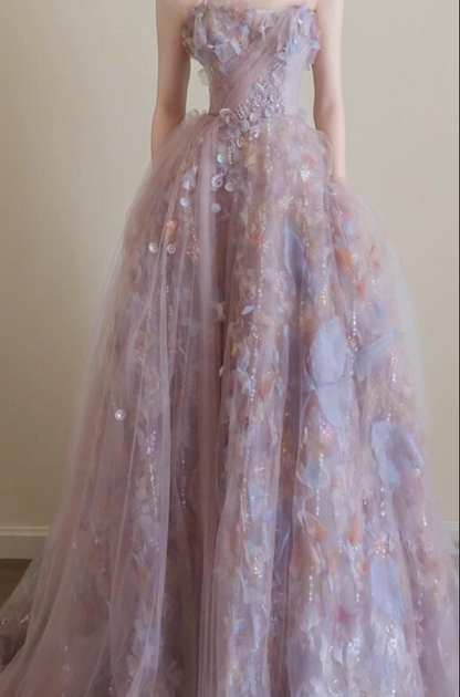 Vogue Strapless Sequins Sparkling Maxi Dress Tulle Layered Ruffles Applique Prom Dress AP0774