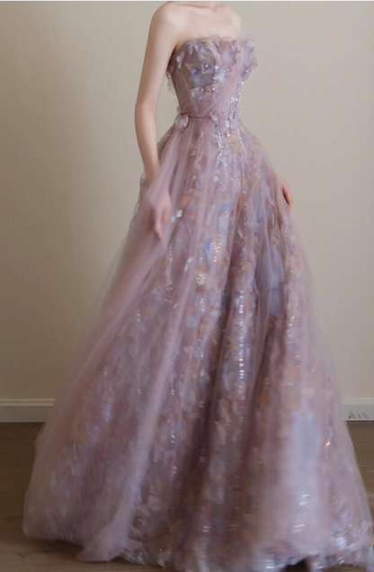 Vogue Strapless Sequins Sparkling Maxi Dress Tulle Layered Ruffles Applique Prom Dress AP0774