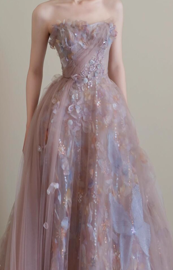 Vogue Strapless Sequins Sparkling Maxi Dress Tulle Layered Ruffles Applique Prom Dress AP0774