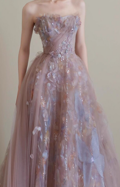 Vogue Strapless Sequins Sparkling Maxi Dress Tulle Layered Ruffles Applique Prom Dress AP0774
