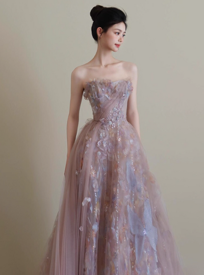 Vogue Strapless Sequins Sparkling Maxi Dress Tulle Layered Ruffles Applique Prom Dress AP0774