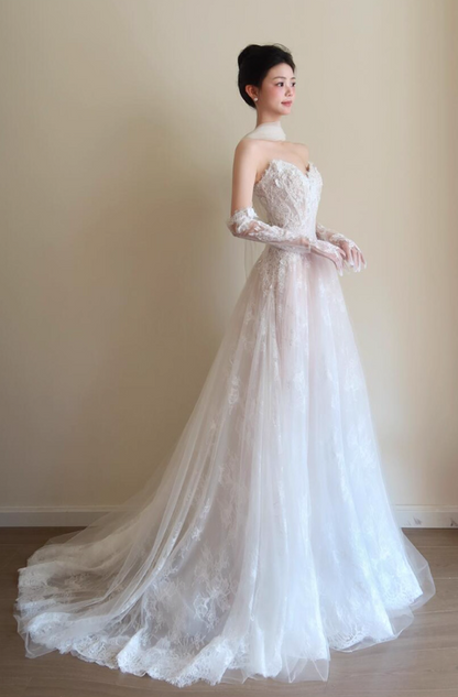 Franch Style Lace Splicing Applique Maxi Dress Chic Strapless Tulle Layered Wedding Dress AP0775