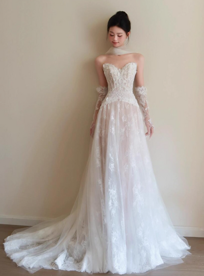 Franch Style Lace Splicing Applique Maxi Dress Chic Strapless Tulle Layered Wedding Dress AP0775