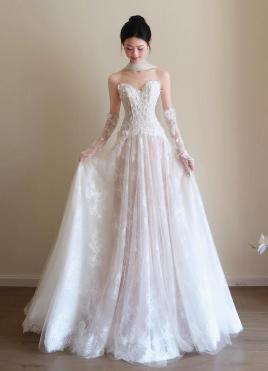 Franch Style Lace Splicing Applique Maxi Dress Chic Strapless Tulle Layered Wedding Dress AP0775