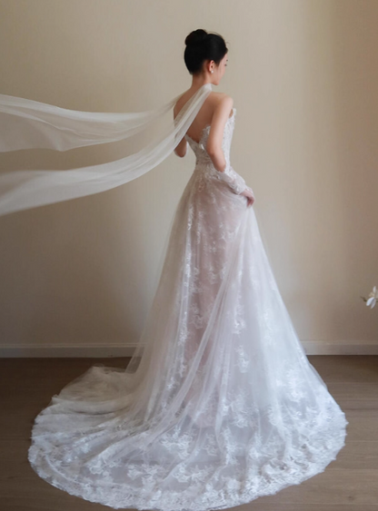 Franch Style Lace Splicing Applique Maxi Dress Chic Strapless Tulle Layered Wedding Dress AP0775