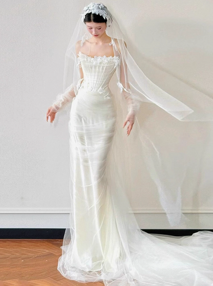 Ethereal Applique Sheer Tulle Train Mermaid Dress Timeless Strapless Tulle Overlay Wedding Dress AP0776