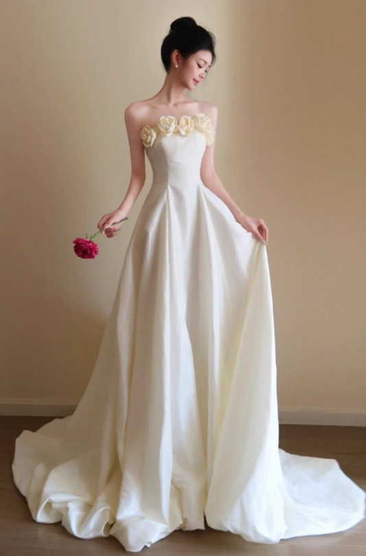 Luxurious Floral Ornament Satin Fabric Maxi Dress Classical Strapless Floor-length Prom Dress AP0778