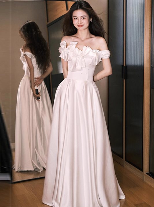 Classical Soft Fabric Breathable Bridal Dress Vintage Off-Shoulder Bow Splicing Wedding Dress AP0780