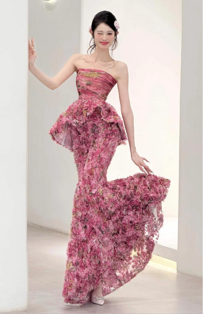 Vibrant Floral Print Ruffles Hem Maxi Dress Niche Strapless Cute Backless Prom Dress AP0781