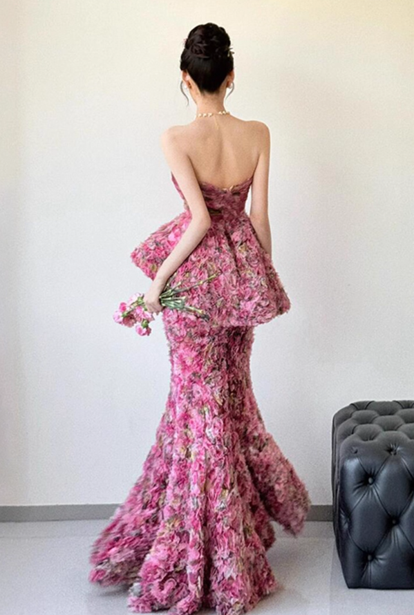 Vibrant Floral Print Ruffles Hem Maxi Dress Niche Strapless Cute Backless Prom Dress AP0781