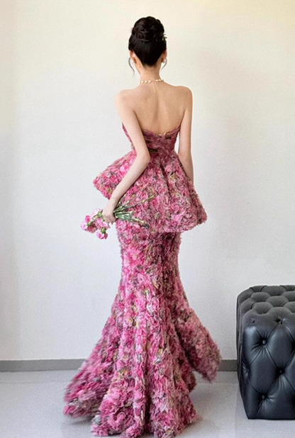 Vibrant Floral Print Ruffles Hem Maxi Dress Niche Strapless Cute Backless Prom Dress AP0781