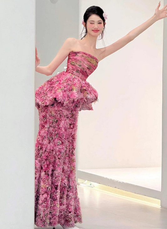 Vibrant Floral Print Ruffles Hem Maxi Dress Niche Strapless Cute Backless Prom Dress AP0781