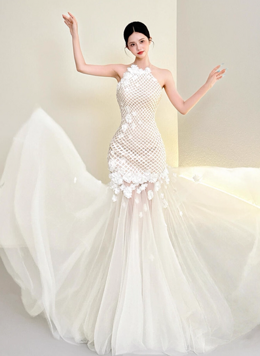 French Floral Print Sheer Tulle Train Maxi Dress Niche Sheath Applique Beading Halter Prom Dress AP0782