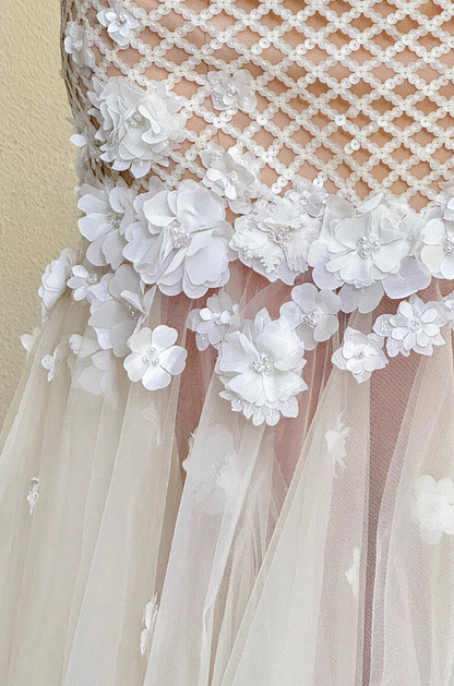 French Floral Print Sheer Tulle Train Maxi Dress Niche Sheath Applique Beading Halter Prom Dress AP0782