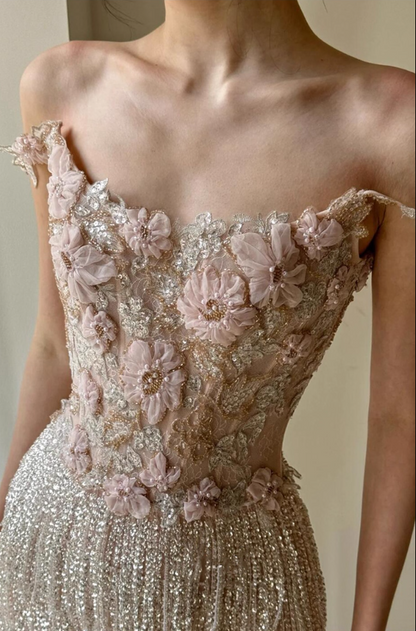 Exquisite 3D Floral Beaded Tassel Maxi Dress Niche Sheath Glow Applique Spaghetti Strap Prom Dress AP0783