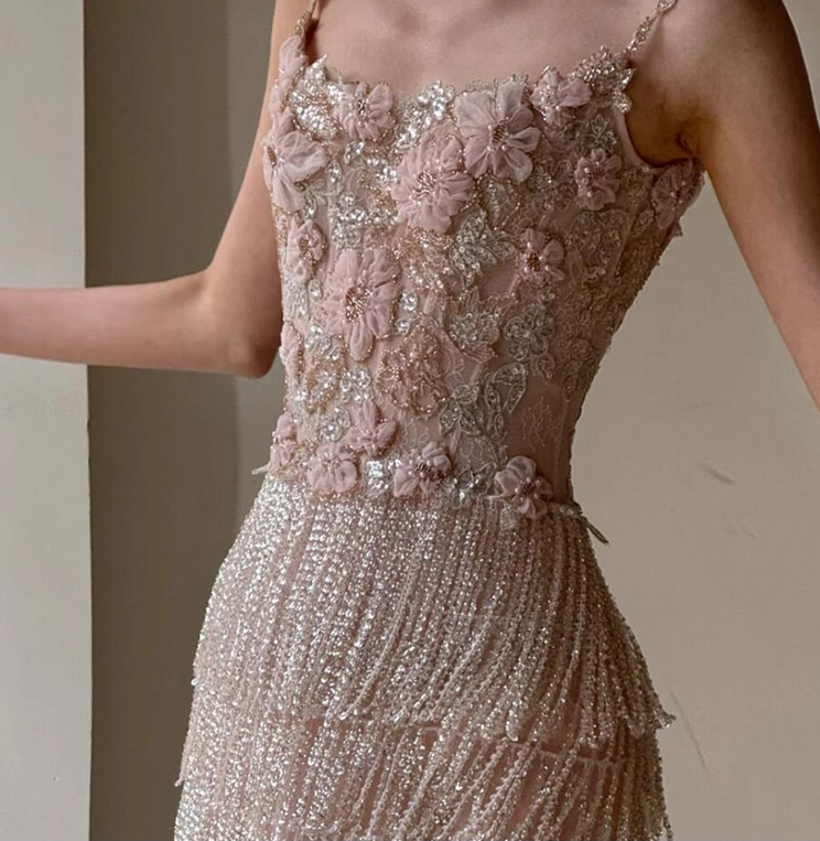 Exquisite 3D Floral Beaded Tassel Maxi Dress Niche Sheath Glow Applique Spaghetti Strap Prom Dress AP0783