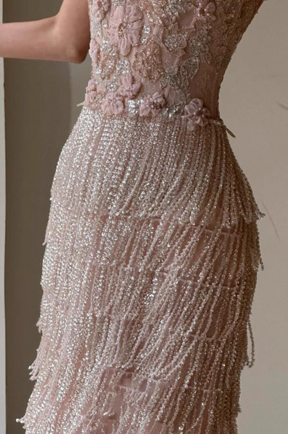 Exquisite 3D Floral Beaded Tassel Maxi Dress Niche Sheath Glow Applique Spaghetti Strap Prom Dress AP0783