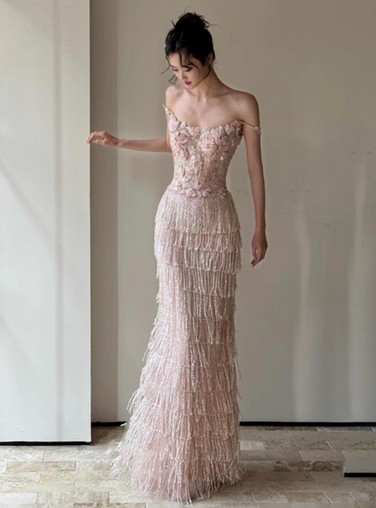 Exquisite 3D Floral Beaded Tassel Maxi Dress Niche Sheath Glow Applique Spaghetti Strap Prom Dress AP0783