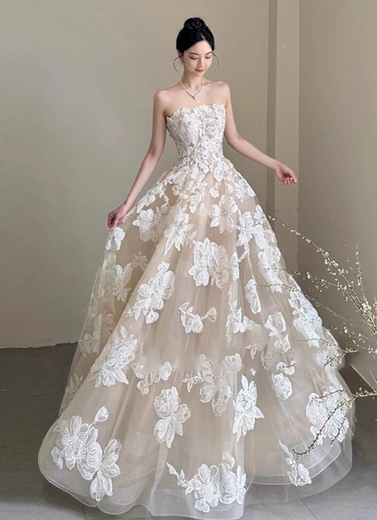 Intricate Floral Embroidery Maxi Dress Tulle Layered Strapless Chic Beading Prom Dress AP0786