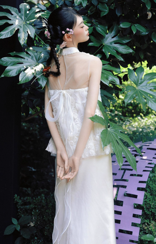 Novelty Cheongsam Stereo Floral Blouse & Maxi Dress Satin Tulle Splicing Wedding Dress AP0787