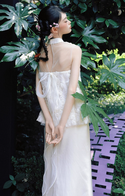 Novelty Cheongsam Stereo Floral Blouse & Maxi Dress Satin Tulle Splicing Wedding Dress AP0787