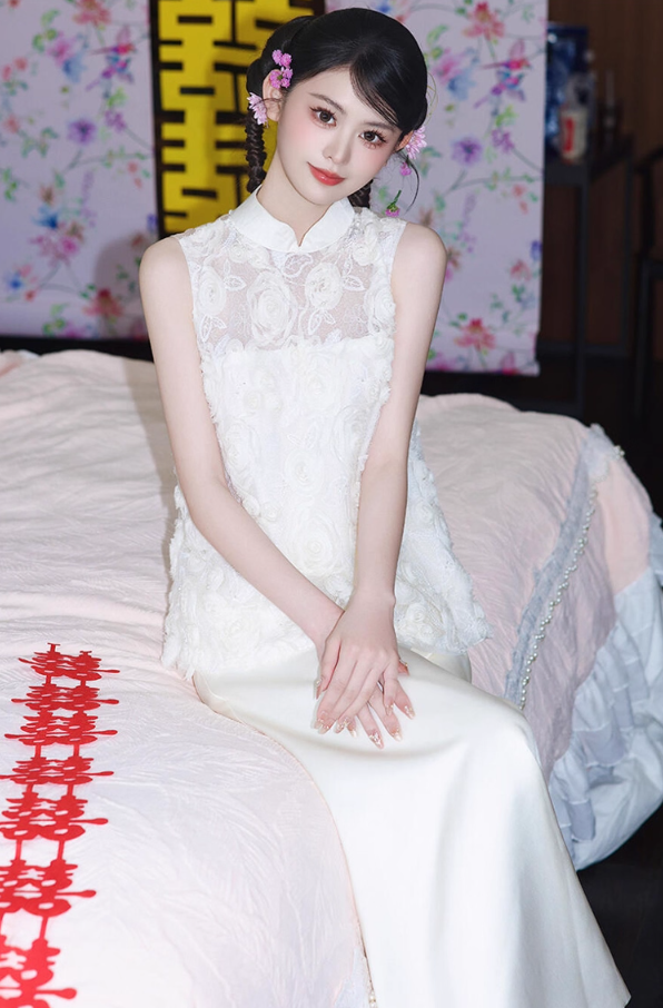 Novelty Cheongsam Stereo Floral Blouse & Maxi Dress Satin Tulle Splicing Wedding Dress AP0787