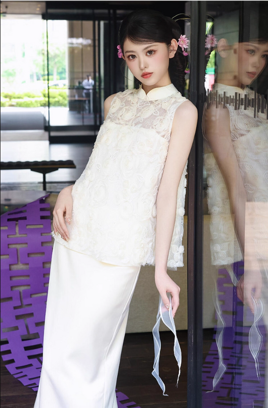 Novelty Cheongsam Stereo Floral Blouse & Maxi Dress Satin Tulle Splicing Wedding Dress AP0787