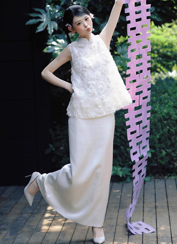 Novelty Cheongsam Stereo Floral Blouse & Maxi Dress Satin Tulle Splicing Wedding Dress AP0787