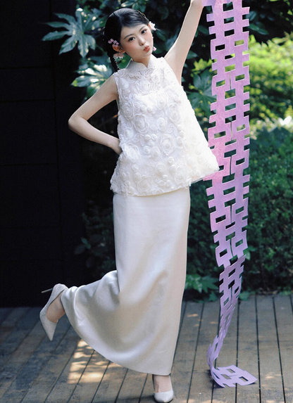 Novelty Cheongsam Stereo Floral Blouse & Maxi Dress Satin Tulle Splicing Wedding Dress AP0787