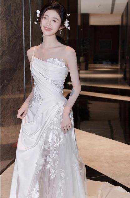 Ivory Lace Applique Sheer Panel Engagement Dress One Shoulder Wedding Dress AP0788