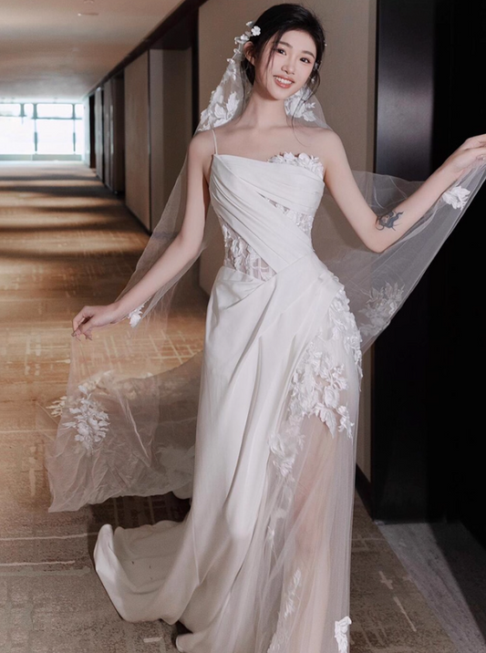 Ivory Lace Applique Sheer Panel Engagement Dress One Shoulder Wedding Dress AP0788