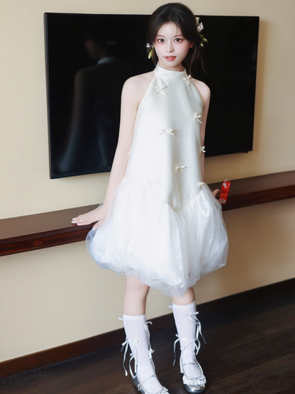 Elegant Ruffles Tulle Hem Feast Birthday Ceremonies Dress Satin Loose Style Halter Homecoming Dress AP0789