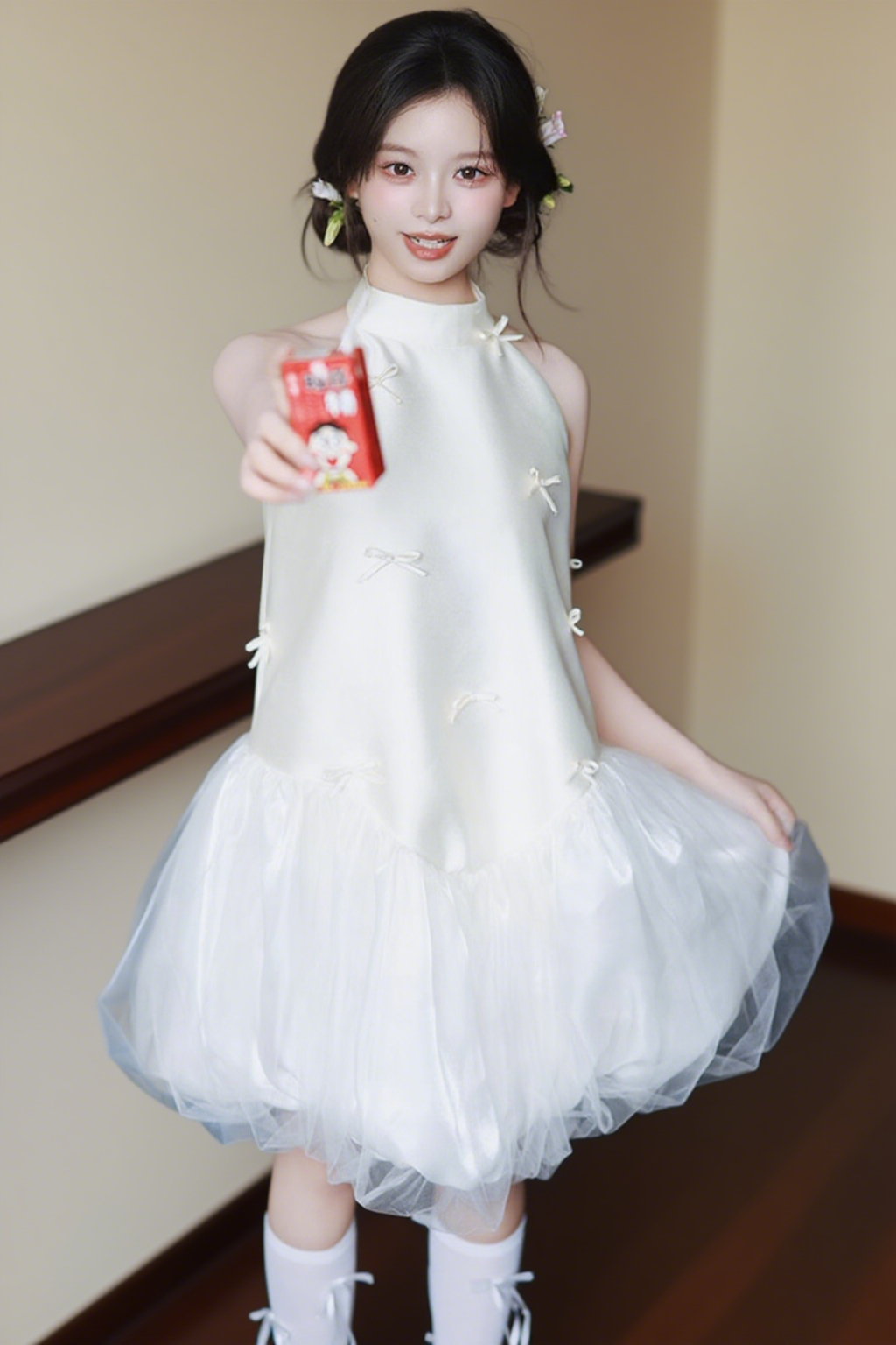 Elegant Ruffles Tulle Hem Feast Birthday Ceremonies Dress Satin Loose Style Halter Homecoming Dress AP0789