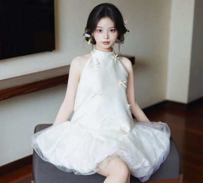 Elegant Ruffles Tulle Hem Feast Birthday Ceremonies Dress Satin Loose Style Halter Homecoming Dress AP0789